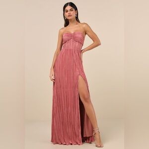 NWT Lulus Desme Rose Pink Satin Plisse Strapless Maxi Dress